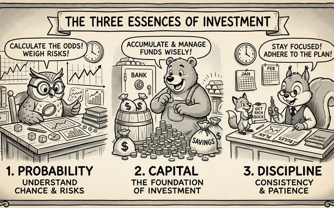 투자의 세 가지 공리 — Wise Investment Workshop 컨셉, 칠판·금고와 함께 학습하는 일러스트