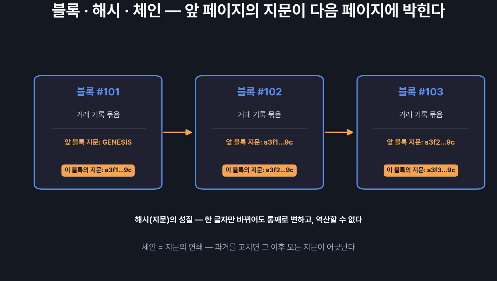 블록 해시 체인의 구조 — 앞 블록의 지문이 다음 블록에 박힌다